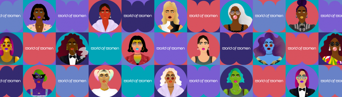三排五彩缤纷的World of Women NFT，各种不同发型和服装等特色的女性，穿插着World of Women Logo。